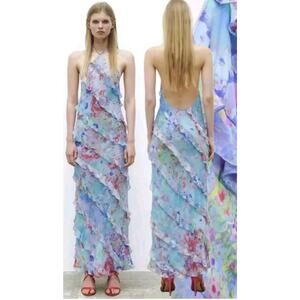NWT Zara Halter Watercolor Low Back maxi dress frilly Ruffles size XS 7616/023